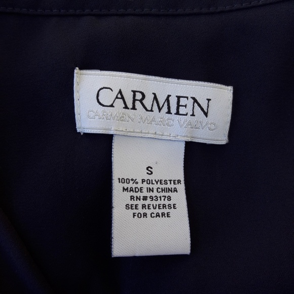 Carmen Marc Valvo Dark Navy Blue Blouse Sleeveless Button Front Hi Low Pockets S - Picture 6 of 7